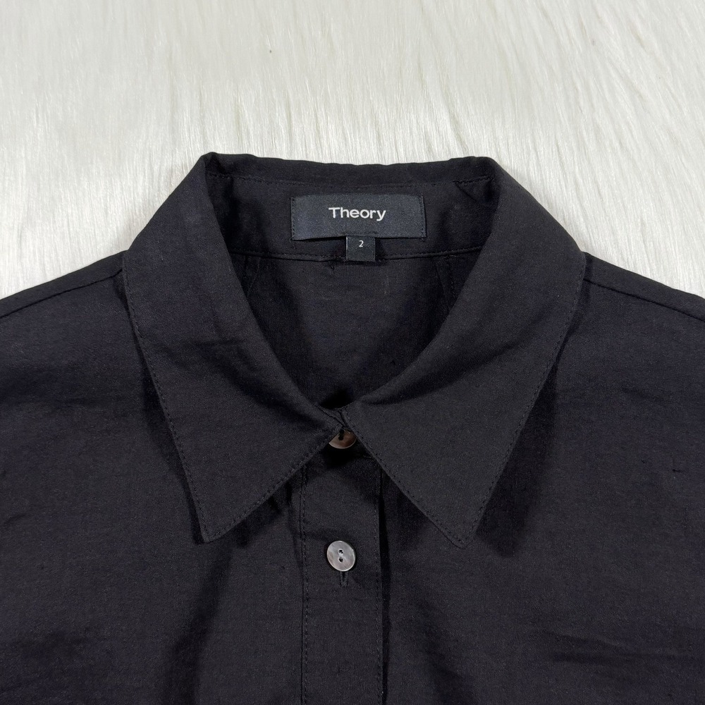 Theory Women's Size 2 Black Crunch Wash Linen Button Front Collared Shirt Dress - Picture 5 of 9